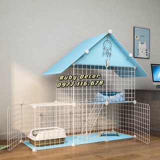 CHUỒNG/LỒNG/NHÀ NUÔI MÈO 2 TẦNG CÓ MÁI CHE CHẤT LIỆU LƯỚI SẮT PHUN SƠN TĨNH ĐIỆN (H110CM R35CM D110CM) - A360