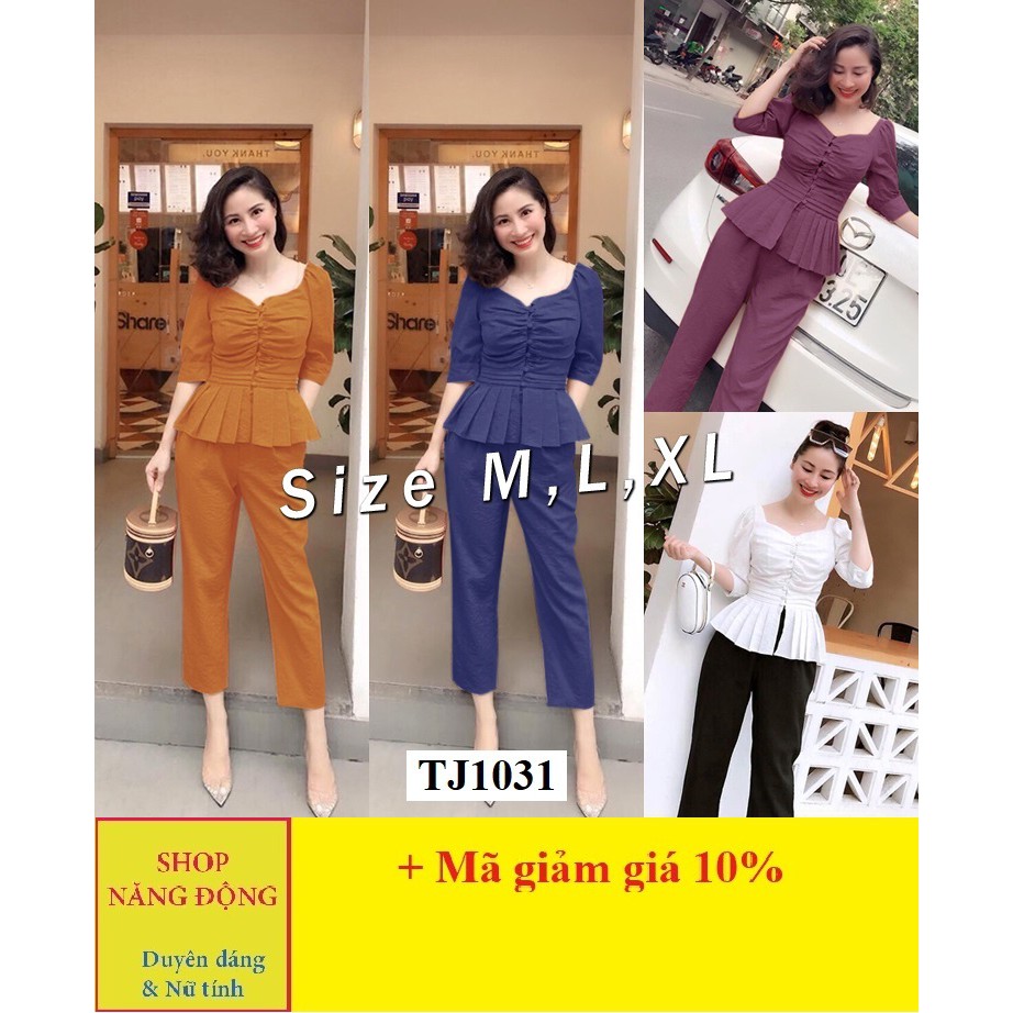 Set Trang Phục 💕FREESHIP💕Giảm 45k Khi Nhập Mã SHOP45K9- Set nguyên bộ áo peplum tà xếp ly phối nút bọc xinh xắn TJ1031