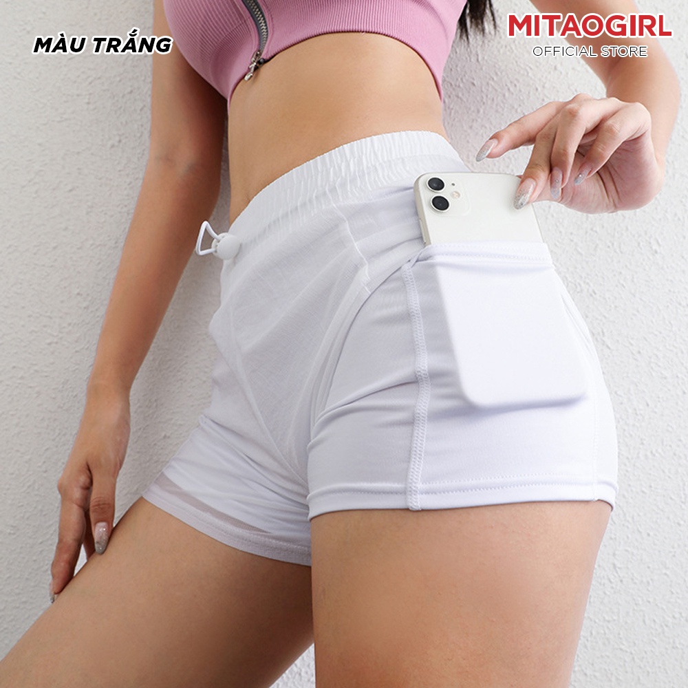 Quần tập gym yoga nữ MITAOGIRL kiểu đùi shorts 2 lớp thể thao quần ngoài chất đũi quần trong thun poly ôm sát co giãn