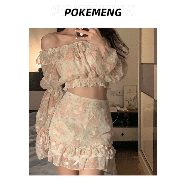 Bộ Áo Ren Hoa Trễ Vai + Chân Váy Ôm Dáng Thời Trang Xuân Hè Hàng Mới 2022