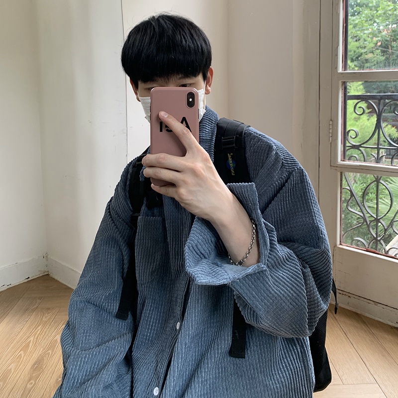 ♞AFF LIGA♞ Áo Khoác Sơ Mi Tay Dài Dáng Rộng Vải Nhung Thời Trang Mùa Thu Hàn Quốc Cho Nam