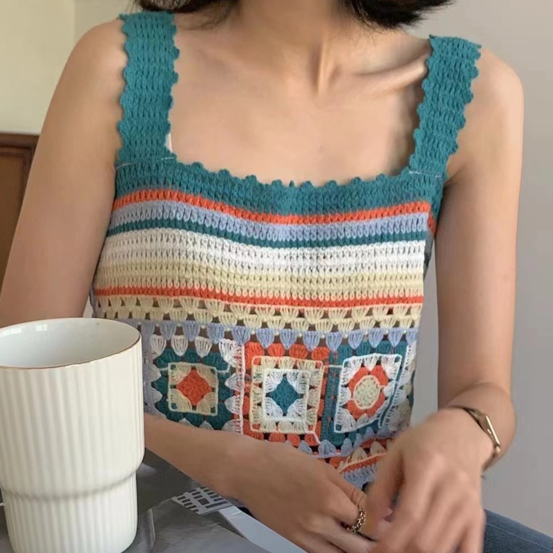 Brroa Áo Sweater Dệt Kim Không Tay Thêu Họa Tiết Dân Tộc Rỗng Nhiều Màu Sắc Kẻ Sọc Đi Biển Cho Nữ