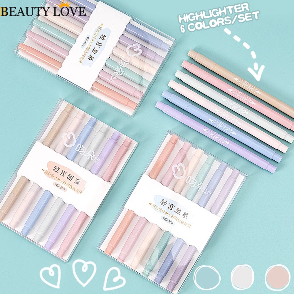 [Mới] Set 6 Bút Đánh Dấu Morandi Hai Đầu Phong Cách Ins Dành Cho Học Sinh / Văn Phòng