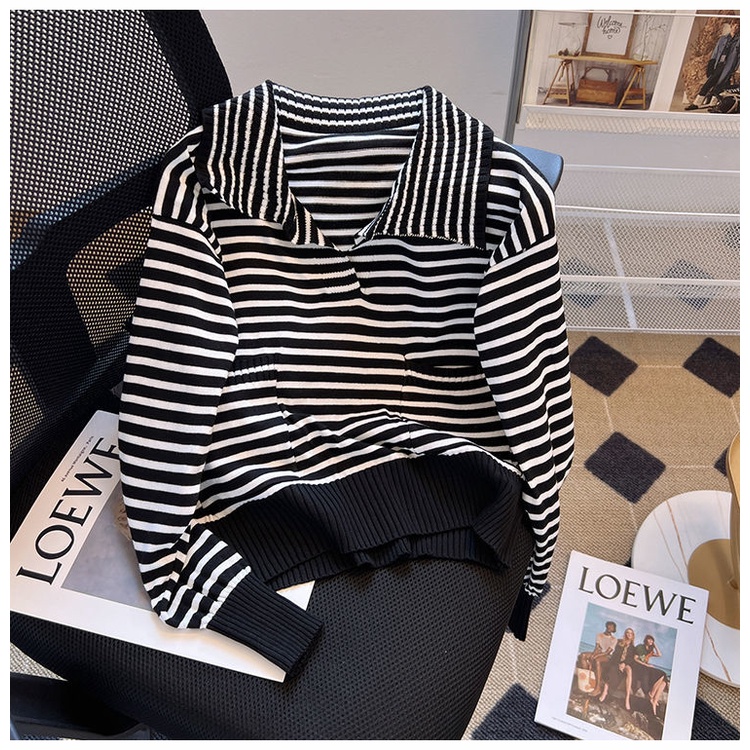 Áo sweater Dệt Kim Cổ Polo Tay Dài Kẻ Sọc Thiết Kế Mới Mùa Thu Dễ Phối Đồ Cho Nữ