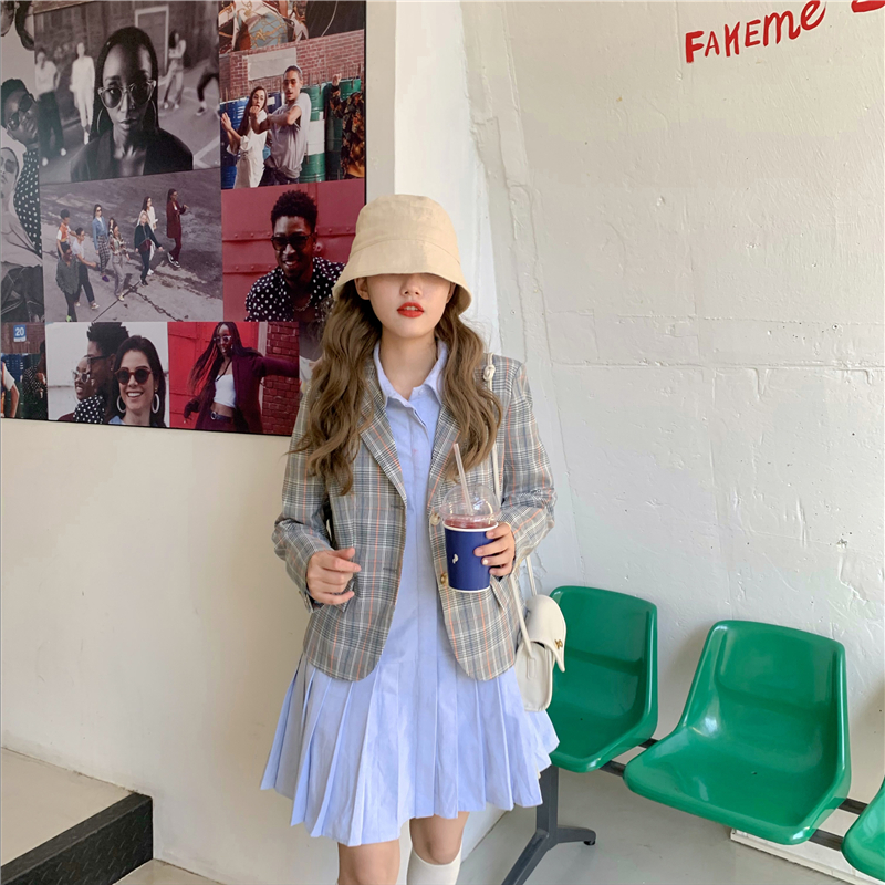 Set Đầm Sơ Mi Tay Dài Xếp Ly + Áo Khoác Blazer Dáng Rộng Kẻ Sọc Ca Rô 41823 | BigBuy360 - bigbuy360.vn