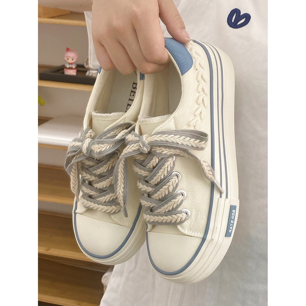 Giày thể thao sneaker nữ BNR cổ thấp vải canvas đế cao su 3.5 cm phối dây tết màu kem xanh/ đen trắng