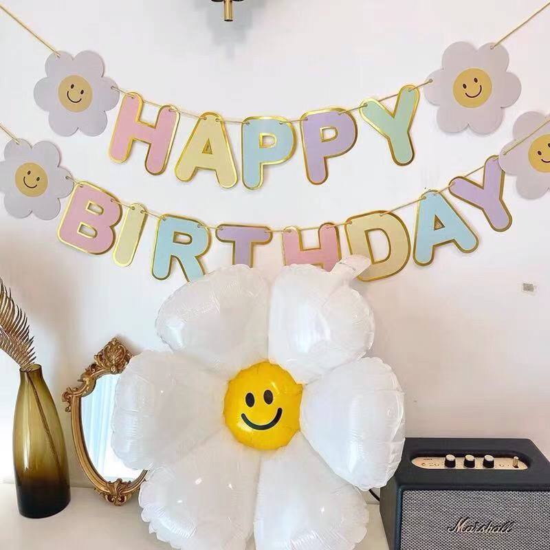 Dây chữ Happy Birthday hoa cúc pastel ép kim viền vàng,phụ kiện trang trí sinh nhật phong cách Hàn Quốc