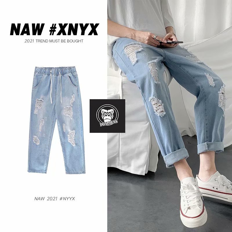 Quần jean baggy nam rách gối tả tơi trông bụi bặm 2021 Pon.mens | BigBuy360 - bigbuy360.vn