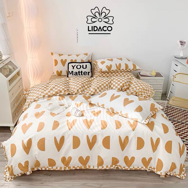 Bộ chăn ga gối cotton poly dùng 2 mặt Lidaco decor phòng ngủ vintage các mẫu trái tim hàn quốc | BigBuy360 - bigbuy360.vn