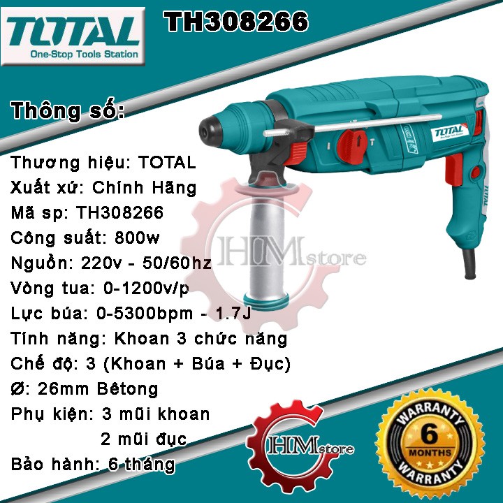 [Chính hãng] Máy khoan búa cầm tay TOTAL TH308266 - Máy khoan 3 chức năng mũi gài 22mm