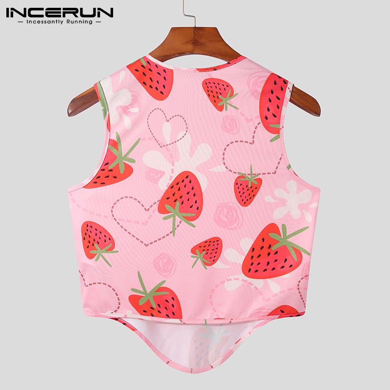 Áo lửng INCERUN không tay xẻ tà họa tiết in dâu tây dễ thương thời trang dành cho nam