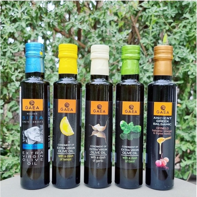 Dầu ô liu nguyên chất hương Húng quế/Chanh/Tỏi/Vùng Sitia/Giấm balsamic nhãn hiệu GAEA 250ml