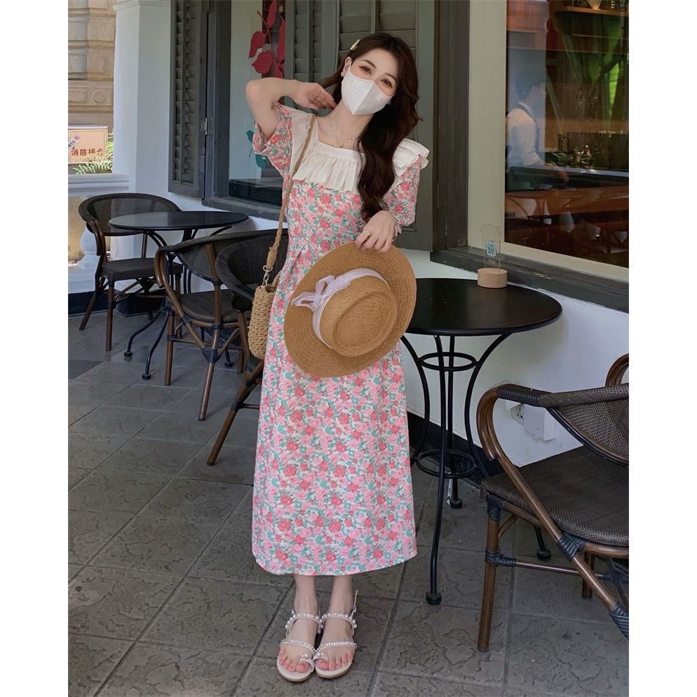 Đầm Hoa Tay Phồng Nhấn Eo Phong Cách retro Pháp Nữ Tính