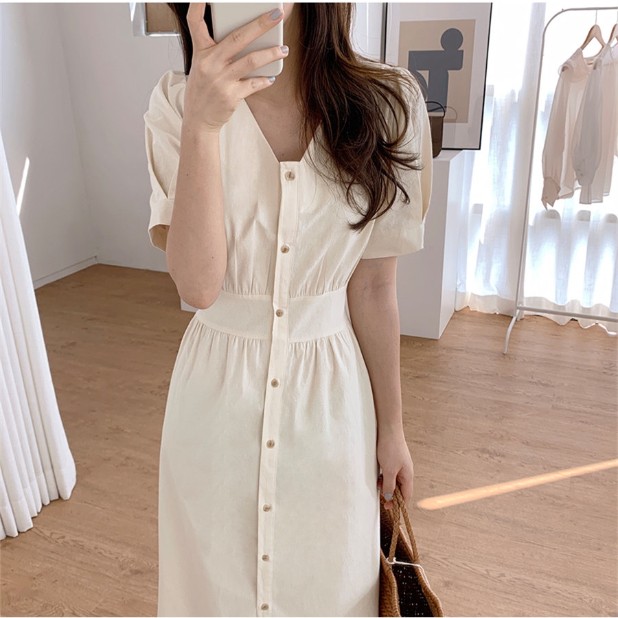 Đầm maxi ngắn tay cổ chữ V màu trơn thời trang 34034