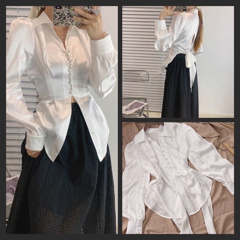 Áo sơ mi kiểu tay phồng nút bọc cột nơ phía sau hottrend | BigBuy360 - bigbuy360.vn