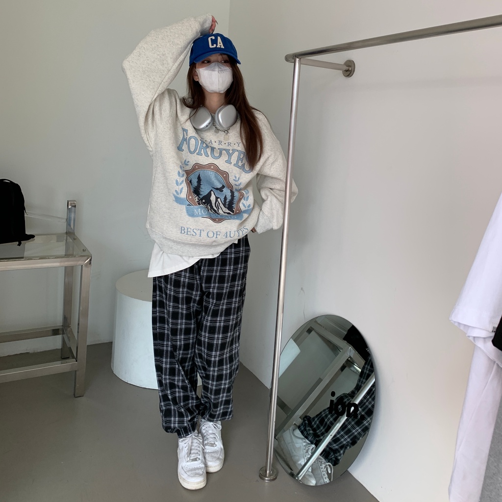 SUXI Quần Dài Lưng Cao Dáng Rộng Họa Tiết Sọc Caro Thời Trang Thu Đông Cho Nữ