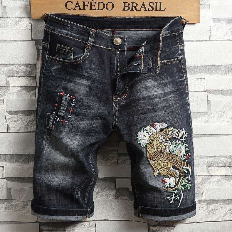 Quần Short Jean Dáng Ôm Thiết Kế Rách Thêu Họa Tiết Thời Trang Cá Tính Cho Nam