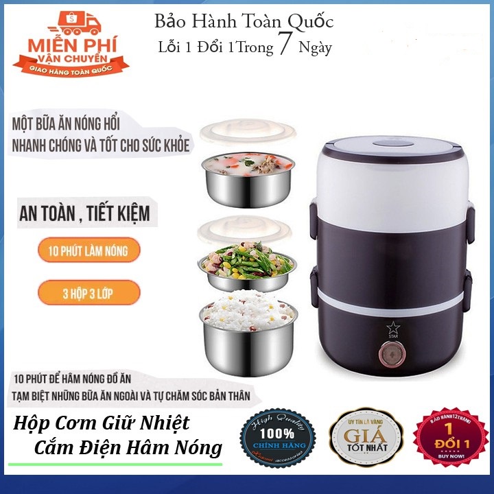 Hộp cơm hâm nóng giữ nhiệt cắm điện inox 3 tầng