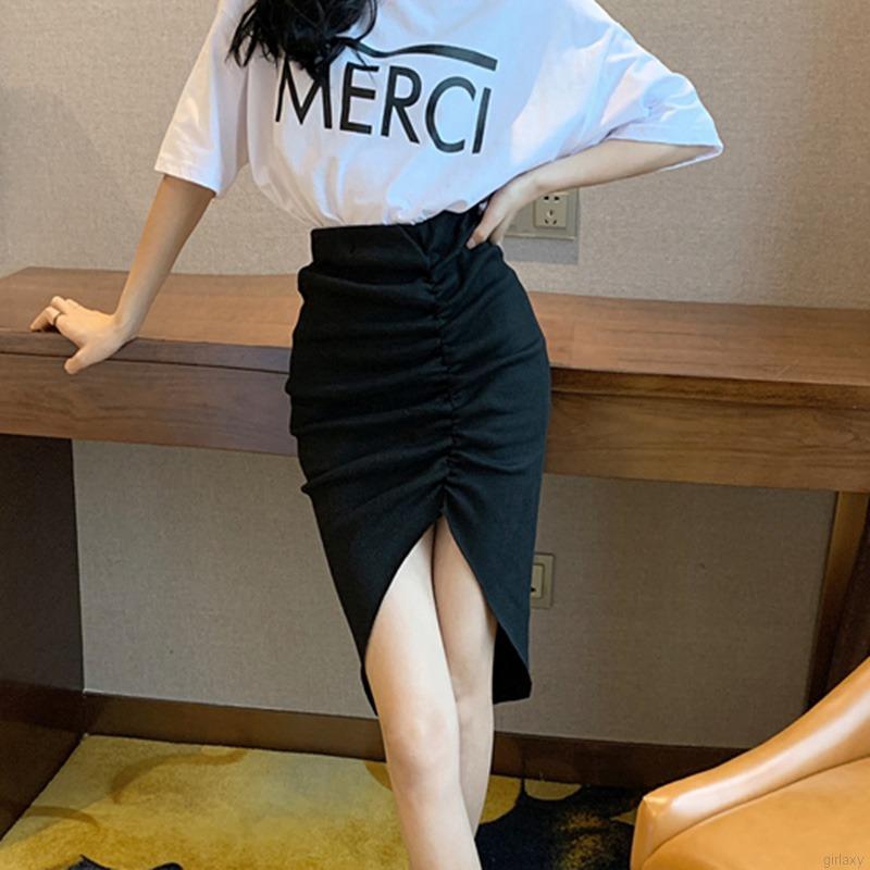 Chân váy midi lưng cao màu trơn phong cách Hàn Quốc