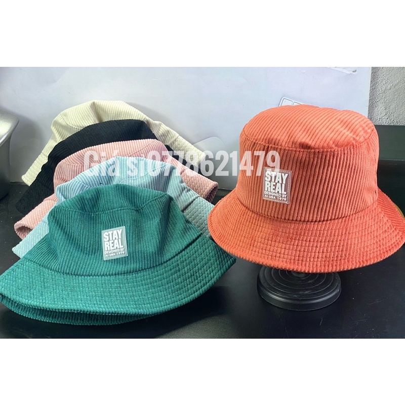 Nón bo nhung tăm mạc da - mũ bucket vành nữ logo vuông sanh chảnh