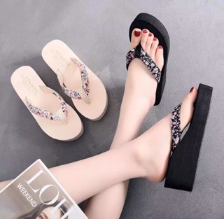 (SẴN HÀNG ) Dép Xuồng Xỏ Ngón Đế Cao Quai Họa Tiết Tông Kẹp Nữ Chống Trượt