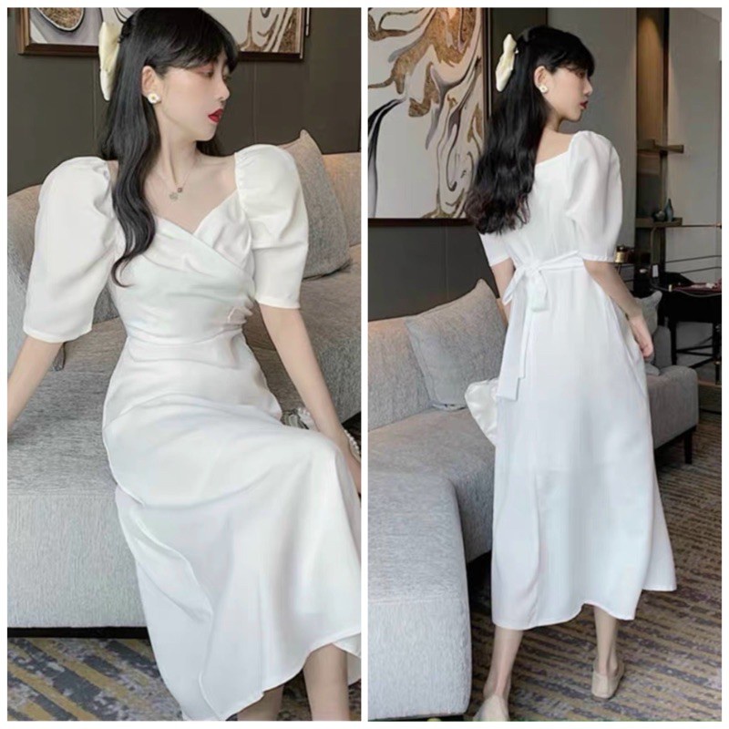 X2 Đầm trắng dự tiệc chéo ngực tay phồng thắt eo váy cưới cô dâu công chua dáng xòe tiểu thư có dây nơ lưng