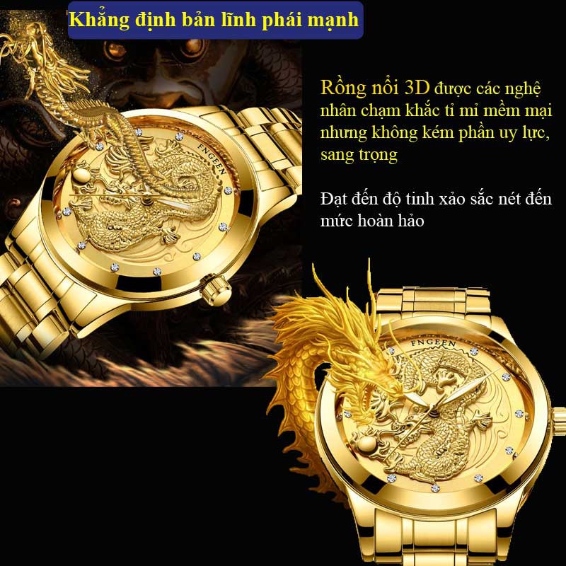 Đồng hồ nam đẹp mặt rồng nổi 3D mạ vàng chính hãng cao cấp giá rẻ mặt tròn đeo tay dây  da