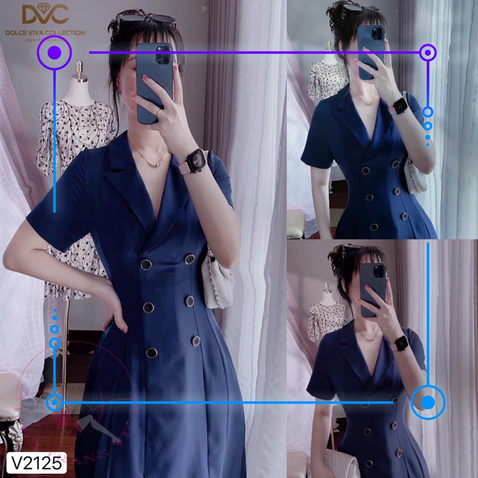 Váy xòe xanh đen giả vest xếp ly đính khuy V2125