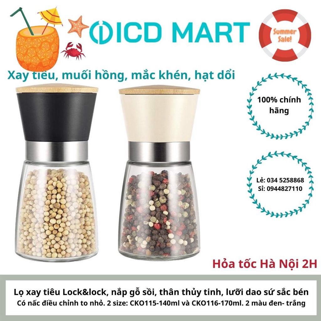 [LOCK &amp; LOCK] Cối xay tiêu, xay muối hồng thủy tinh Lock&amp;Lock lưỡi sứ nắp gỗ sồi tiện dụng