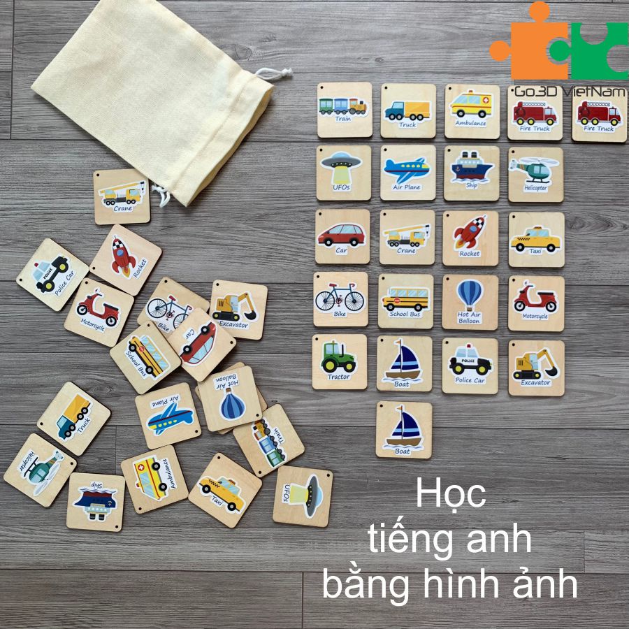 Tìm cặp giống nhau, tìm cặp đôi, memory game bằng gỗ hình ô tô - Rèn luyện siêu trí nhớ cho bé