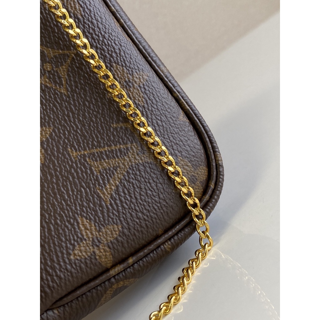 Túi MINI POCHETTE nữ da thật thời trang cao cấp Louis Vuitton LV thiết kế khóa kéo và dây xích vàng đẹp mắt