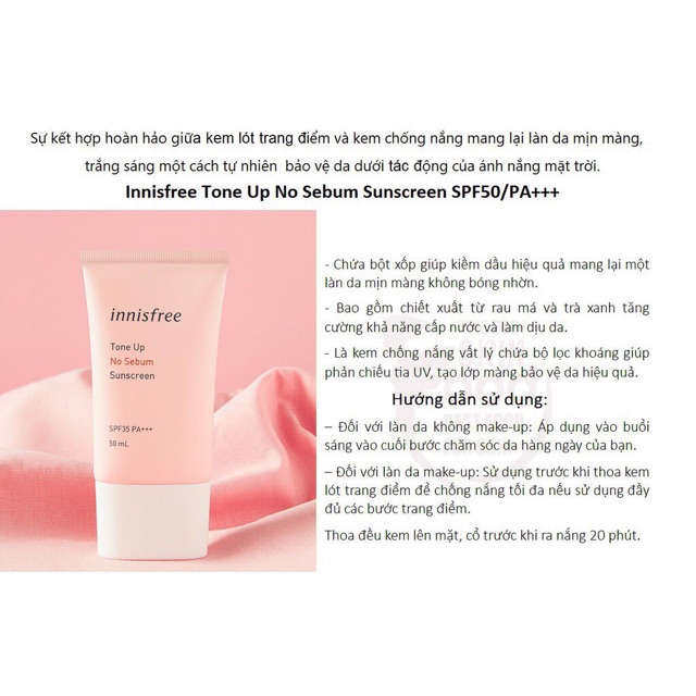 Kem chống nắng Innisfree Tone Up No Sebum Suncreen SPF50+ PA++++