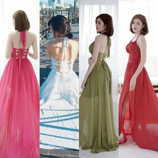 Đầm maxi cổ yếm, đan dây lưng