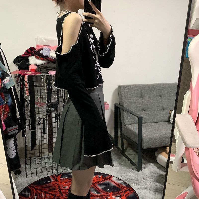Áo Thun Tay Dài Trễ Vai Dáng Rộng In Họa Tiết Hoạt Hình Phong Cách Hàn Quốc y2k croptop y2k Dành Cho Bạn Gái