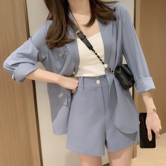 [free gift] Set áo khoác blazer và quần short ống rộng phong cách Hàn Quốc thanh lịch cho nữ
