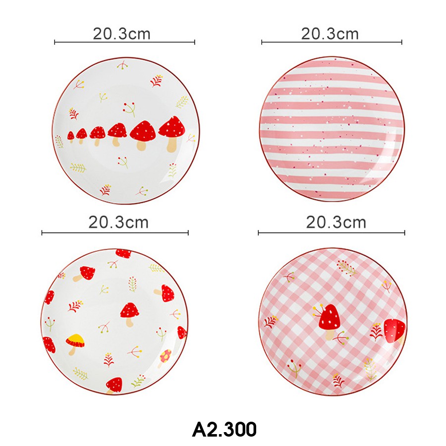 Bộ 4 đĩa nấm lùn 20.3m màu hồng cực xinh, đĩa sứ decor bàn ăn