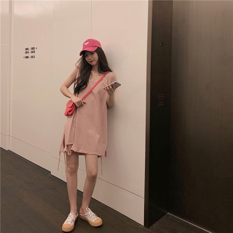 VVvn Áo Thun Sát Nách Dáng dàiform Rộng Thiếtkếxẻrách Phong Cá ch Hàn Quốc