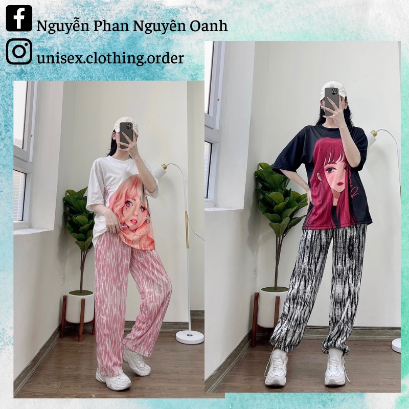 SET QUẦN ÁO ULZZANG CỰC XINH - SET ÁO THUN IN HÌNH CÔ GÁI 3D + QUẦN HỌA TIẾT ỐNG RỘNG