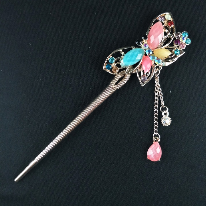 Trâm cài tóc đính đá họa tiết bươm bướm tua rua vintage