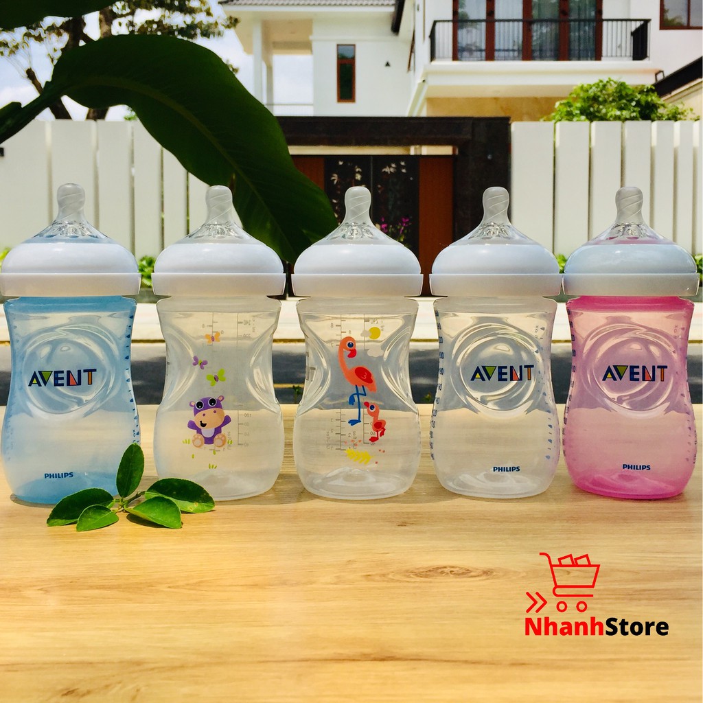 Bình sữa Avent Nautural 260ml Họa tiết Hà mã, Hạc hồng