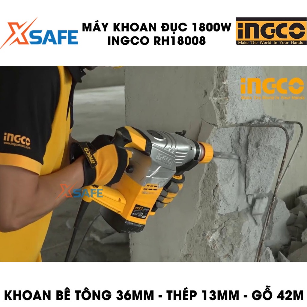 Máy khoan đục 1800W INGCO RH18008 kèm 3 mũi khoan gài, 2 mũi đục tốc độ không tải 850 vòng/phút