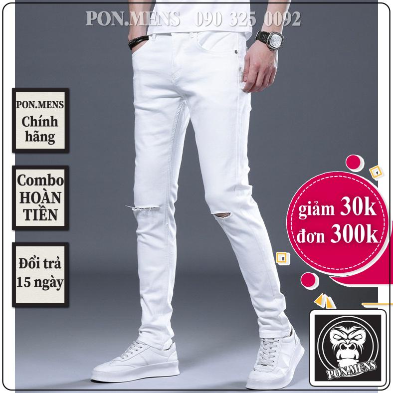 quần jean trắng nam rách gối co giãn slimfit 2022 Pon.mens