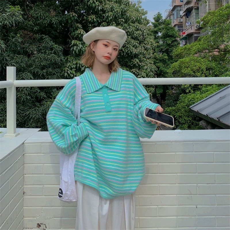 Áo Sweater dệt kim dáng rộng màu sắc trẻ trung cho nữ