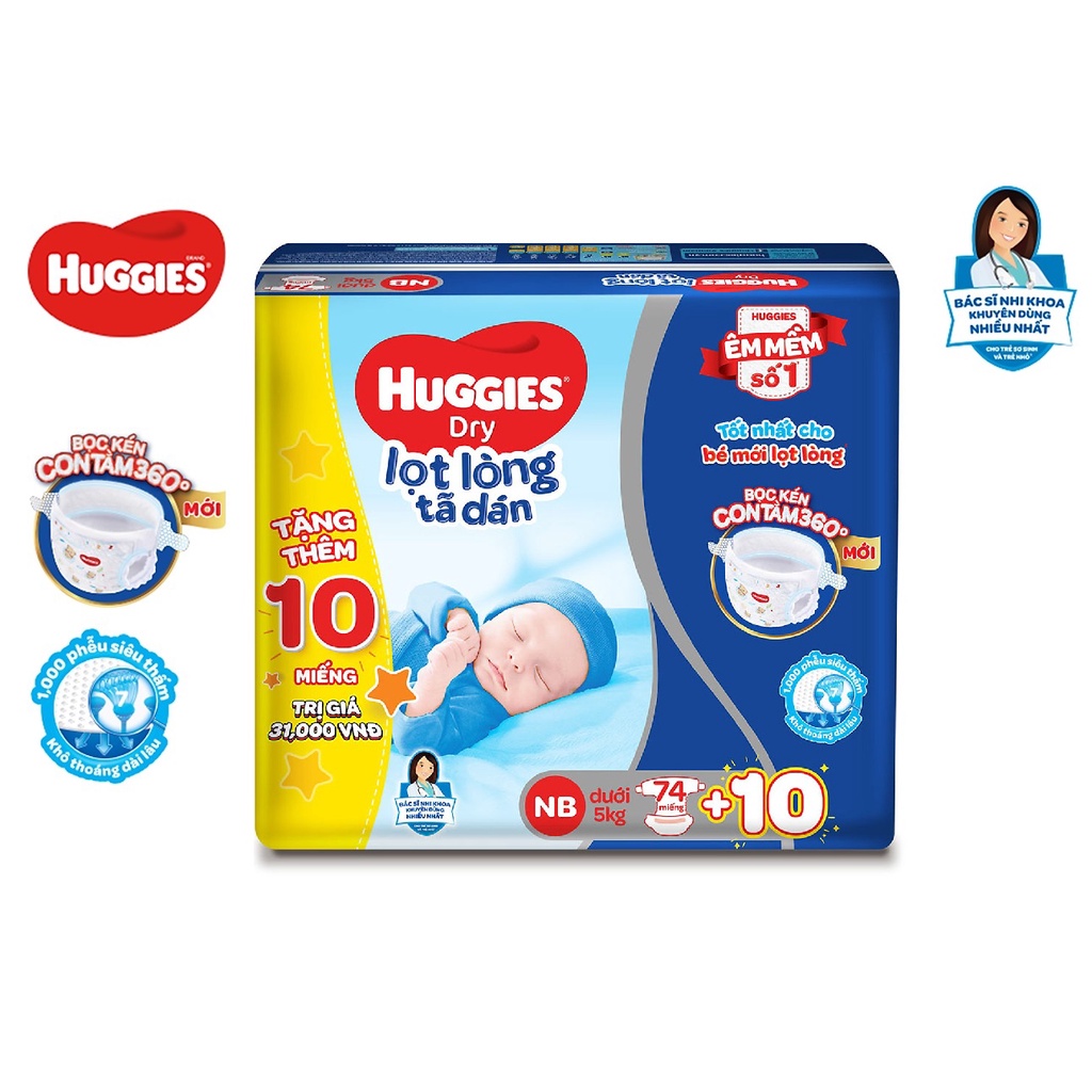 [Cộng Miếng]Tã Dán Sơ Sinh Huggies NB74 - Dưới 5kg (mẫu mới)