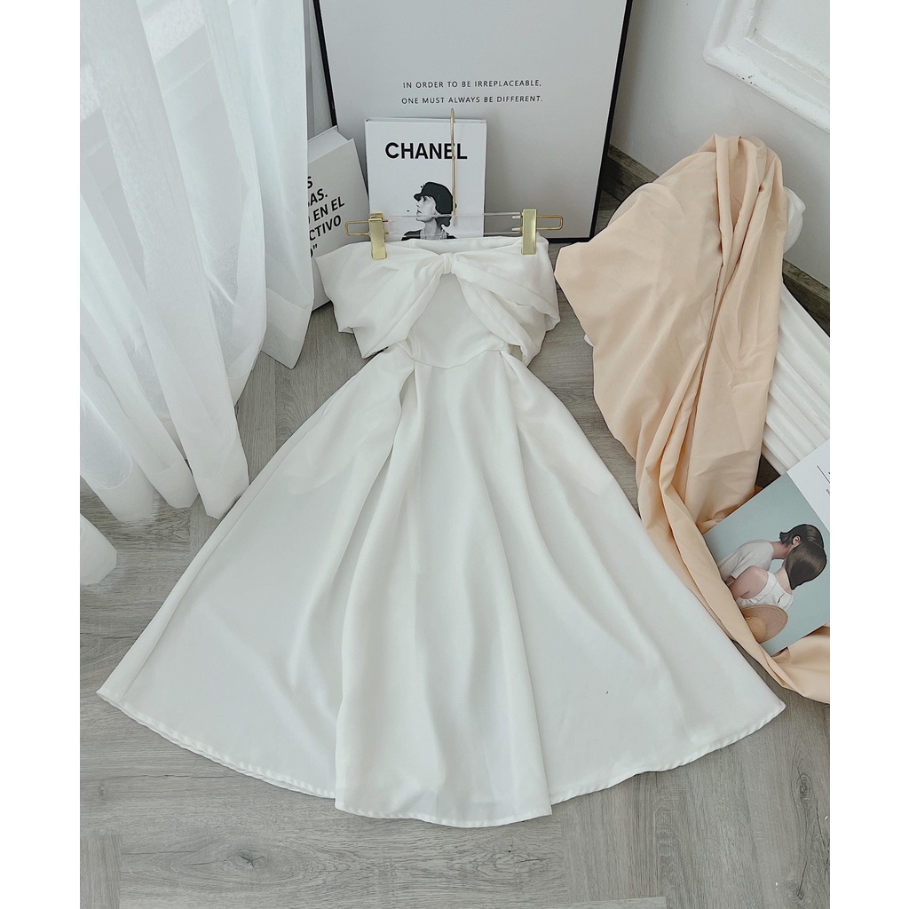 ĐẦM MIDI TRẮNG BẸT VAI NƠ NGỰC XOẮN