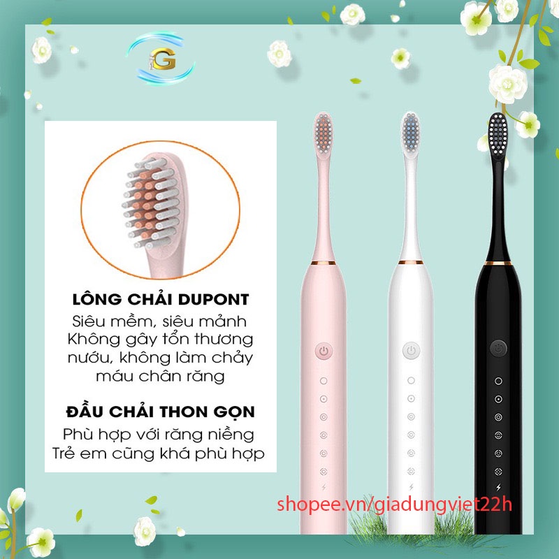 Bàn chải điện Sonic X3 sợi Dupont, bàn chải điện đánh răng tự động 6 chế độ công nghệ chống nước IPX7