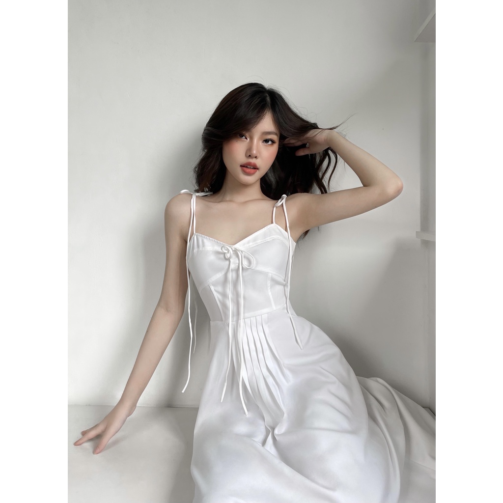 EDINI Đầm Hai Dây Thắt Nơ Nhún Ngực 2 màu - D1414