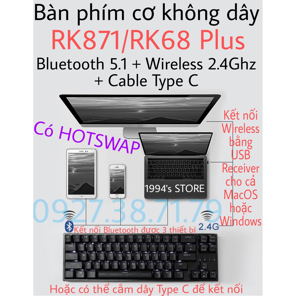 Bàn phím cơ RK871 Version 4 - Bàn phím cơ RK68 Plus - Bluetooth 5.1 - Wireless 2.4G - Cáp Type C - Phần mềm Macro phím