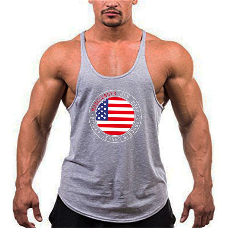 Gym Vest Mens Loose Singlet Usa American Flag Printed Spaghetti Tank Tops Vest