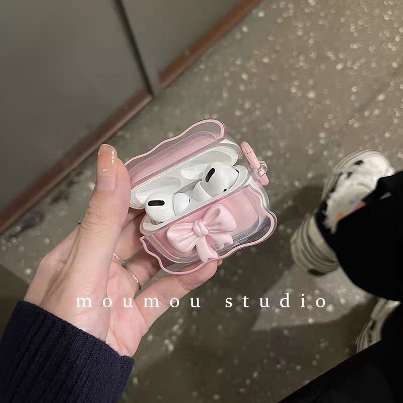 Vỏ Bảo Vệ Hộp Sạc Tai Nghe AirPods 1 2 3 Pro Pro2 Trong Suốt Hình Nơ Hồng 3rd 2021